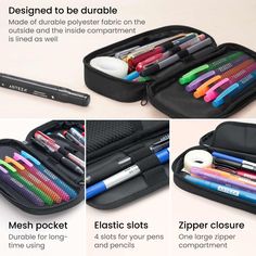 Slots & Pockets - Contains 4 marker/pencil/pen slots, as well as an (interior) mesh pocket Zippers Shut - The zipper ensures your supplies stay protected as you travel Highly Portable - Take this 8 in x 3.7 in x 2 in pencil case with you wherever you go Satisfaction Guaranteed - Providing artists with a 100% satisfaction guarantee on all our products; here to assist you & answer questions via email, phone, and social media from 6am - 10:30pm ET daily Take better care of your art supplies and wri Back To School Pencil-shaped Organizer With Zipper, Functional Organizers With Pen Holders For Personal Use, Functional Pencil Case With Pen Holders For Organization, Black Portable Pencil-shaped Pencil Case, Black Pencil Case For School, Black Functional Organizers For Personal Use, Black School Cases With Pen Slots, Multifunctional Travel Pen Holders, Back To School Organizers With Pen Slots