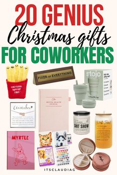 20 genius christmas gifts for coworkers with text overlay that reads, 20 genius christmas gifts for coworkers