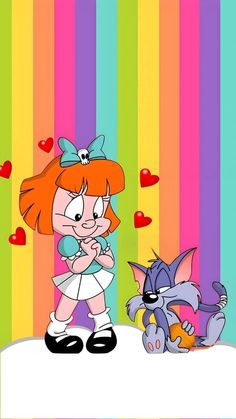 an animated girl and a cat standing next to each other on a rainbow striped background