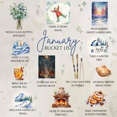 the january bucket list is shown with many things to see and do on it's page