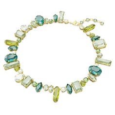 Crafted with an array of cuts and colors, this eye-catching Gema necklace glows with unexpected beauty. Celebrating Swarovski's unique mastery of crystals, the hypnotic green stones are set in a bohemian style on a radiant gold-tone plated setting finished with a lobster clasp. Reach for this stunning piece for an instant shot of glamour. Article no.: 5657388 Collection: Gema Length (minimum - maximum): 14.17 - 15.75 inch Width: 0.9 inch Material: Crystals, Gold-tone plated Color: Green Clasp ty Green Necklace With Gemstone Accents, Gold Crystal Necklace With Gemstone Accents, Green Crystal Necklace With Stones, Green Crystal Necklace With Jewels, Green Crystal Necklaces With Sparkling Stones, Green Sparkling Stone Necklace For Party, Green Crystal Jewelry With Jeweled Details, Green Necklace With Sparkling Stones For Party, Green Necklaces With Sparkling Stones For Party