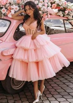 Ball Gown Corset Sweetheart Cupcake Tulle Tea-Length Homecoming Dress - Princessly Look Gatsby, Tea Length Prom Dress, Tiered Prom Dress, Beautiful Ball Gowns, Short Prom Dress, فستان سهرة, Sweet 16 Dresses, Pink Tulle, Dresses Homecoming