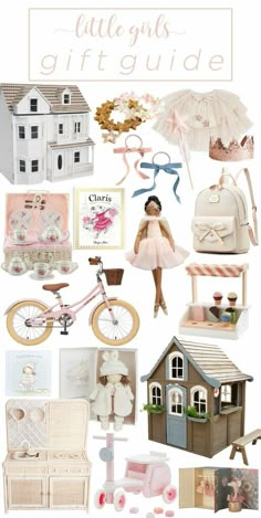 a collage of different items including a doll house and other things