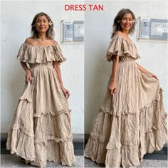 Bohemian off shoulder wedding dress . Double Ruffle and unfinished hem. Elastic neckline and waist. Can be worn as cover or off shoulders and one side shoulders. 100% cotton with lined. 2 pockets in the front. 5 colors. Measurements: Made in one size to fit S to XL / US: 4-14 Bust 30 up to 40 inches. Hip 52 inches ( measure from the inside lining) Length 56 inches. CARE: Machine wash cold.These dresses are made from Raw Cotton- In the process of making these dresses the cotton has to be washed and processed before it lands in its comfortable wearable state. Need stream iron. Cream Colored Maxi Dress, Rustic Dress Outfits, Boho Cream Dress, Farm Dresses, Long Boho Dress, Maxi Dress Beach, Rustic Dresses, Farm Dress, Off Shoulder Wedding Dress