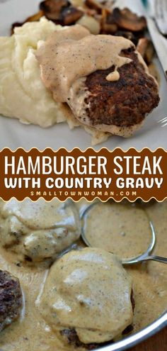 hamburger steak with country gravy and mashed potatoes