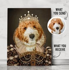 a dog wearing a tiara and pearls on it's head with the caption what you send?