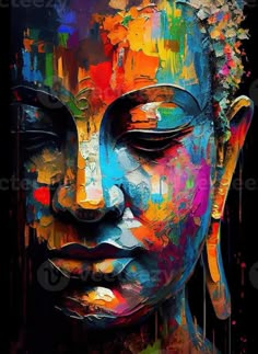 a painting of a buddha face with colorful paint splattered on it's face