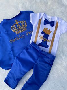 Prince - Prince Set - Prince Outfit CURRENT PROCESSING TIME IS 2 WEEKS WITH STANDARD SHIPPING, IF YOU DO NEED IT SOONER PLEASE CHOOSE A SHIPPING UPGRADE DURING THE CHECKOUT PROCESS.  This Prince shirt is custom made for just for you! Not only is it a perfect birthday shirt outfit, but it is also great for photoshoots. Your child will look perfect in this shirt. The design is embroidered meaning it is stitched onto the shirt and cape for great durability and quality. This shirt is a boutique qual Fitted Blue Top For Birthday, Fitted Short Sleeve Sets For Birthday, Blue Fitted Top For Birthday, Prince Outfit, Prince Birthday Theme, Prince Shirt, Prince Clothes, Prince Birthday, Baby Boy Clothing Sets