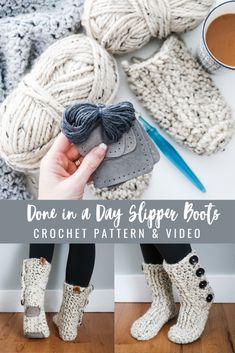 crochet slipper boots with text overlay that reads, done in a day slipper boots crochet pattern and video