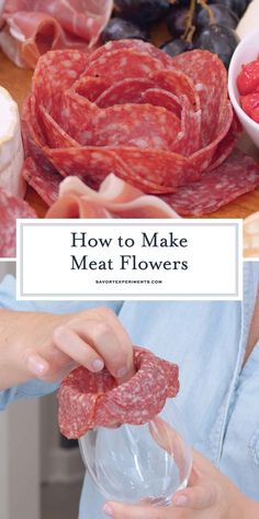 how to make meat flowers with grapes and strawberries in the background is a collage of pictures