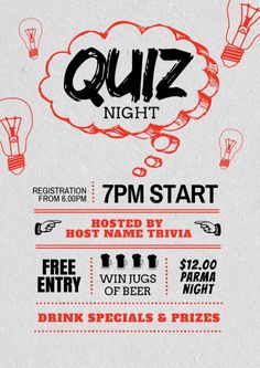 a flyer for a quiz night with red and black ink on white paper, which reads quiz night