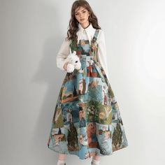 Olivia Mark - Oil Painting Print Suspenders Dress with Pointed Collar and Long Sleeves Shirt Set Suspenders Dress, Strappy Maxi Dress, Princess Sleeves, Suspender Dress, Printed Maxi, Collar Dress, Two Piece Outfit, Printed Maxi Dress, Suspenders