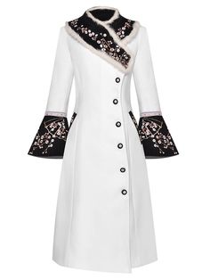 White Long Wool Coat For Spring, Elegant Floral Embroidered Outerwear For Work, Luxury Long Sleeve Outerwear With Floral Embroidery, Embroidered Lapel Collar Outerwear For Fall, Luxury Embroidered Outerwear For Work, Elegant Floral Embroidered Winter Outerwear, Luxury Spring Outerwear With Floral Embroidery, Elegant Winter Outerwear With Floral Embroidery, Formal Floral Embroidered Outerwear For Fall