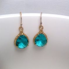 Aqua Earrings - Crystal - Turquoise - Rope Earrings - Gold And Turquoise -  With 14k Gold Turquoise Earrings For Anniversary, Turquoise Earrings For Anniversary With Pierced Ears, Turquoise Pierced Earrings For Formal Occasions, Turquoise Drop Earrings For Formal Occasions, Elegant May Birthstone Blue Jewelry, Turquoise Pierced Earrings For Formal Events, Turquoise Wedding Jewelry With Ear Wire, Turquoise Dangle Earrings For Anniversary, Turquoise Jewelry With Ear Wire For Wedding