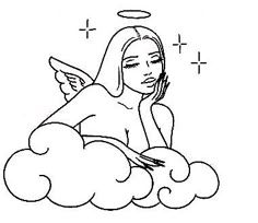 a woman sitting on top of a cloud with an angel above her head and the words,