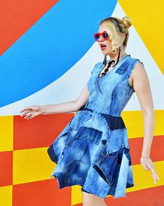 "Patchwork denim dress, fitted, with skater circle lap. Jeans cropped vest with zipper closure in back very easy to dress and undress. Perfect for summer, this will be your favorite beach dress and it is so versatile that it can be worn for parties too and also be part of your daily wear and all your street styles! Feel empowered, unique and outstanding with our brand new denim designs! This dress is made to order, on your measurements, but due to the patchwork design can be made only up to XL T Sleeveless Summer Denim Dress With Back Zipper, Sleeveless Denim Dress With Back Zipper, Spring Rockabilly A-line Dress, Spring A-line Rockabilly Dress, Summer Denim Blue Dress With Back Zipper, Trendy Summer Denim Dress With Back Zipper, Fitted Rockabilly Summer Dresses, Spring Cotton Rockabilly Dresses, Summer Cotton Denim Dress With Back Zipper