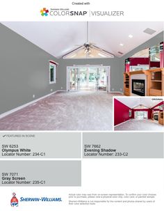 an open floor plan for a house with red and gray walls, white ceilinging and windows