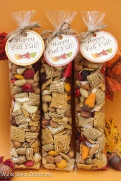 three bags filled with different types of snacks in front of an orange wall and fall leaves