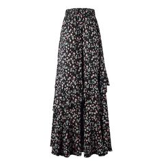 Black Elastic Waist High Low Ruffled Floral Skirt High Waist Ruffled Maxi Skirt, High Waist Ruffled Maxi Skirt For Spring, Spring High-waist Ruffled Maxi Skirt, High Waist Floral Print Maxi Skirt, Flowy Long Skirt With Ruffles, Long Flowy Ruffled Skirt, Black Long Skirt With Ruffles, Black Floral Print Tiered Maxi Skirt, Non-stretch Ruffled Skirt