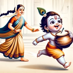 Baby Krishna running with a pot of curd and his mother Devaki chasing after him. Yasodha Krishna Images, Yashoda And Krishna Baby, Baby Krishna Painting, Baby Krishna Drawing, Bal Krishna Drawing, Krishna Janamastmi, Cute Krishna Painting, Kanha Ji Images, Jay Shri Krishna