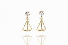 Gold & Stone Earrings - These three-dimensional earrings are both elegant and modern. Created 14k gold vermeil and accented with cubic zirconia (3mm) set in 14k gold-filled bezels. Lightweight and comfortable to wear every day<br><br>14k gold-filled posts and backs. Gold Minimalist Cubic Zirconia Diamond Earrings, Modern Gold Diamond Earrings In Sterling Silver, Modern Gold Diamond Pierced Earrings, Modern Gold Diamond Earrings As Gift, Modern Gold Diamond Earrings For Gift, Gold Stone Earrings, Wire Structure, 3d Triangle, Geometric 3d