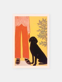 a black dog sitting next to a person in orange pants and sandals on a yellow background