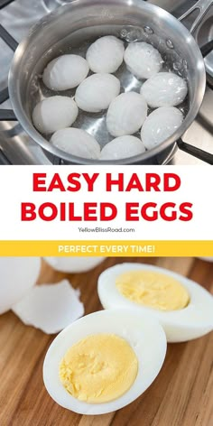 hard boiled eggs on a cutting board with text overlay that reads easy hard boiled eggs perfectly time