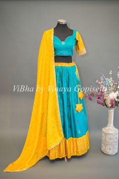 Teal Blue and Yellow Gadwal Silk Lehenga With Embroidered Hemline Of The Sleeves. Kids Wear Boys, Kids Wear Girls, Block Print Saree, Fancy Gowns, Silk Saree Banarasi, Silk Thread Bangles, Bridal Silk Saree, Embroidered Dupatta, Silk Lehenga