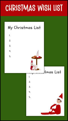 two christmas wish list cards with santa sitting on the floor and elf standing next to them