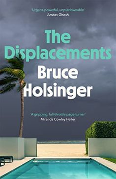 a book cover with a pool and palm tree in the foreground, under a cloudy sky