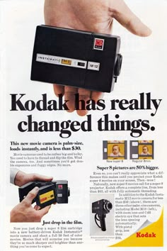 an advertisement for the kodak has really changed things, with pictures of hands holding a radio