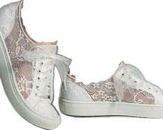 Comfy Wedding Shoes Lace, White Lace Round Toe Sneakers, Elegant Low-top Sneakers With Laces, White Lace-up Wedding Shoes, White Lace Sneakers With Round Toe, Elegant White High-top Sneakers, Low-top Lace Sneakers With Laces, Elegant White Sneakers With Laces, Lace Wedding Shoes With White Laces