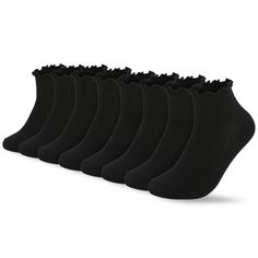 PRICES MAY VARY. One Size: Fit perfectly for women shoe size 5-9, one size fits most women & girls; Color: 8 pairs black. Maximum Durabilty : These cute socks are fabricated with 80% Cotton 15% polyester 5% spandex to keep elasticity and softness.Gentle support and comfortable fit. Frilly Design: These Frilly socks have ruffle tops, very cute and sweet, which will give you a super younger feeling and attract more attention. Easy to Match : The ruffle frilly socks go well with casual shoes, athle Cute Ankle Socks, Ruffle Tops, Shoes Mary Jane, Ruffle Socks, Frilly Socks, Sneakers Slippers, Ruffled Socks, Shoes Tennis, Shoes Canvas