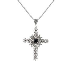 925 Sterling Silver Filigree Art Black Onyx Gemstone Cross Pendant Necklace Black Engraved Pendant Jewelry, Elegant Black Necklace With Oxidized Finish, Elegant Black Necklaces With Oxidized Finish, Elegant Jewelry With Intricate Design Cross Pendant, Ornate Black Jewelry With Intricate Design, Ornate Black Filigree Jewelry, Formal Intricate Cross Pendant Jewelry, Engraved Spiritual Black Jewelry, Engraved Black Spiritual Jewelry