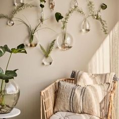 a wicker chair sitting next to a vase filled with plants