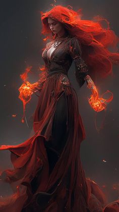 a woman with red hair wearing a long dress and holding fire in her hands, on a dark background