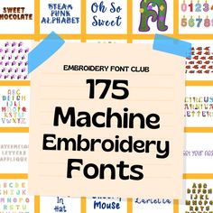 an assortment of machine embroidery font styles on a piece of paper with the words,'75 machine embroidery fonts '