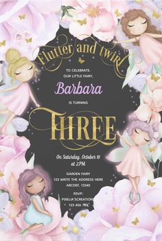 Cute Fairy Garden Third Birthday Party Invitations for Girls Fairy 3rd Birthday, Fairy Princess Birthday Party, Cute Fairy Garden, Enchanted Fairy, Third Birthday Party, Purple Garden