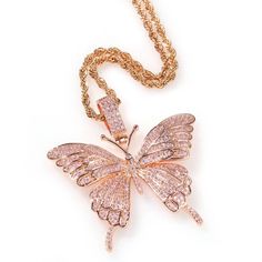 Pendant with matching chain 18K Rose Gold Plated over alloy metal 18" or 24" long rope chain, upgrade to tennis chain available Pink zircon diamond stones Butterfly Live, Butterfly Princess, Butterfly Jewellery, The Butterfly Effect, Antique Mirror Wall, Diamond Ice, Classic Bed, Gold Rope Chains, Fairy Figurines