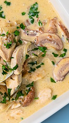 a white plate topped with chicken and mushrooms