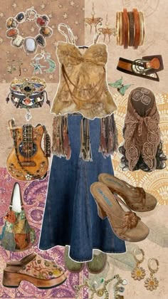 Earthy boho chic style aesthetic collage outfit inspiration vintage hippie bohemian fairy summer boho and autumn beaded lacy patterned Boho Layered Outfits, Fairy Aesthetic Collage, Hippie Fashion Aesthetic, Outfit Inspirations Vintage, Layered Accessories, Collage Outfit, Dreamy Wardrobe, Boho Chic Style Outfits, Ethereal Fairy