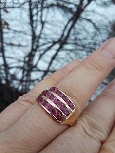 Beautiful 14k Yellow Gold, Natural Pink Sapphire ring, band. Some pics ENLARGED To See Details. Very Good Vintage Pre Owned Condition. Pink Ruby Ring Stamped 14k For Wedding, Pink Ruby Wedding Ring Stamped 14k, Hallmarked Emerald Cut Ruby Anniversary Ring, Yellow Gold Ruby Baguette-cut Jewelry, Yellow Gold Ruby Jewelry With Baguette Cut, Ruby Channel Set Jewelry Gift, Ruby Channel Set Jewelry For Gift, Channel Set Ruby Jewelry As A Gift, Channel Set Ruby Jewelry For Gift