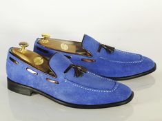 Handmade+Blue+Suede+Tussles+Loafer+Shoes+For+Men's+    Upper+Material+Genuine+Leather+  Inner+Soft+Leather  Style+Tussles  Color+Blue  Sole+Leather  Gender++Male  Heel+Leather    Manufacturing+Time+7+to+10+Business+Days    IMPORTANT+NOTE    Please+measure+your+foot+size+according+to+the+size+char... Shoes Men Formal, Loafer Shoes For Men, Blue Suede Loafers, Moccasin Shoes, Handmade Boots, Brogues Men, Custom Design Shoes, Bespoke Shoes, Tassel Dress