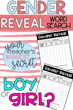 the gender reveal word search is shown in pink, blue and white with text overlay