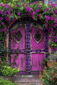 a pink door with purple flowers growing over it's sides and an arch in the middle