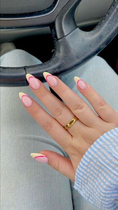 Nail Art Designs Yellow And Pink, Pink And Yellow Tip Nails, Purple And Yellow French Tip Nails, Nails Almond Back To School, Summer Clean Girl Nails, Preppy Summer Nail Designs, Cute Pink And Yellow Nails, Yellow French Tips Nails, Yellow And Hot Pink Nails