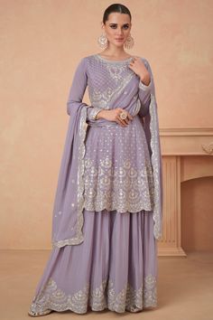 Elevate your function wear with our exquisite Readymade Palazzo Suit, crafted from luxurious Chinon fabric and adorned with intricate sequins work. Endorsed by the stunning Eugeniya Belousova, this ensemble captures the essence of sophistication and style. Lavender Anarkali, Sharara Suit Wedding, Pakistani Sharara Suit, Pakistani Sharara, Pakistani Fancy Dresses, Palazzo Suit, Sharara Suit, Desi Clothes, Heavy Embroidery