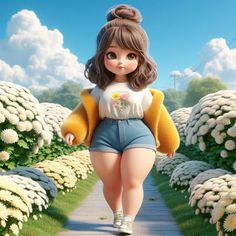 a cartoon girl walking down a path with flowers in the background