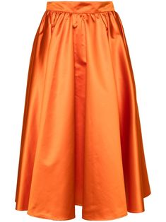 sunset orange satin weave gathered detailing two side inset pockets flared skirt mid-length straight hem concealed rear zip fastening Bright Skirt, Flared Midi Skirt, Orange Satin, Midi Flare Skirt, Orange Skirt, Sunset Orange, Versace Outfit, City Dress, Summer Beach Wear