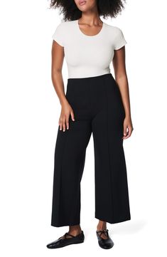 You'll feel ultra supported in these stretchy, cropped wide-leg pants fitted with a pull-on waist and booty-lifting and hidden core-shaping technology. Lined 68% Lenzing™ EcoVero™ rayon, 28% nylon, 4% elastane Lenzing EcoVero rayon is a more-sustainably produced fiber made using pulp made from renewable wood sources Machine wash, line dry Imported Sleek High Stretch High Waist Pants, Chic Fitted Wide Leg Pants With Wide Waistband, Fitted Pants With Wide Waistband For Work, Fitted Workwear Pants With Wide Waistband, Modern Fitted High-cut Leg Bottoms, Sleek Fitted Pants With High-cut Leg, Sleek Fitted High-cut Leg Pants, High Stretch High Waist Bottoms For Workwear, Chic High-cut Leg Elastane Pants